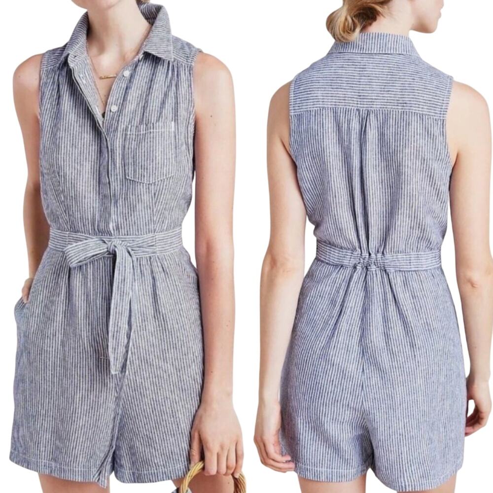 Anthropologie Seersucker Romper Linen Cotton Button Front Belt Railroad Stripe 0